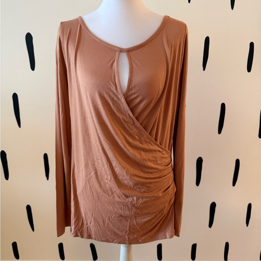 Ann Taylor Women’s Rust Brown Long-Sleeve Surplice Top with Keyhole